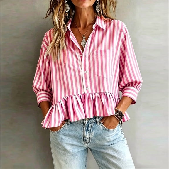 Morttic Women's Striped Ruffle Hem Babydoll Blouse – Puff Sleeve Button Down with Chest Pocket Summer Casual Blouse Pink,M