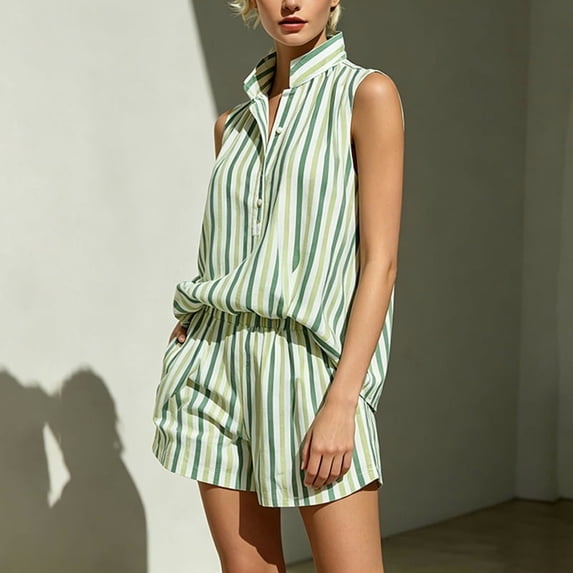 Morttic Women's Striped Summer Vacation 2 Piece Outfit – Stand Collar Half Button Top & Elastic Waist Shorts with Side Pockets Green,XXXL