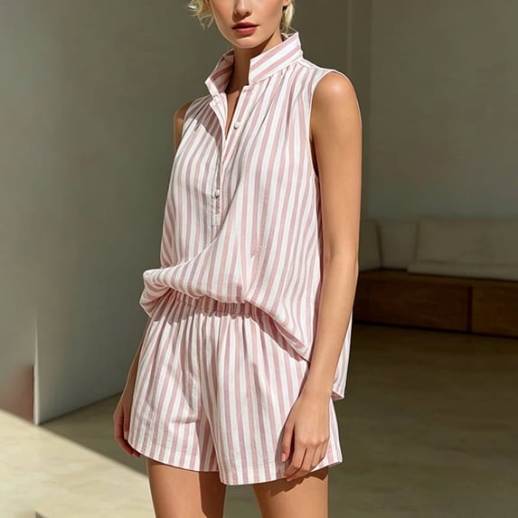 Morttic Women's Striped Summer Vacation 2 Piece Outfit – Stand Collar Half Button Top & Elastic Waist Shorts with Side Pockets Pink,S