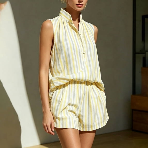 Morttic Women's Striped Summer Vacation 2 Piece Outfit – Stand Collar Half Button Top & Elastic Waist Shorts with Side Pockets Yellow,M