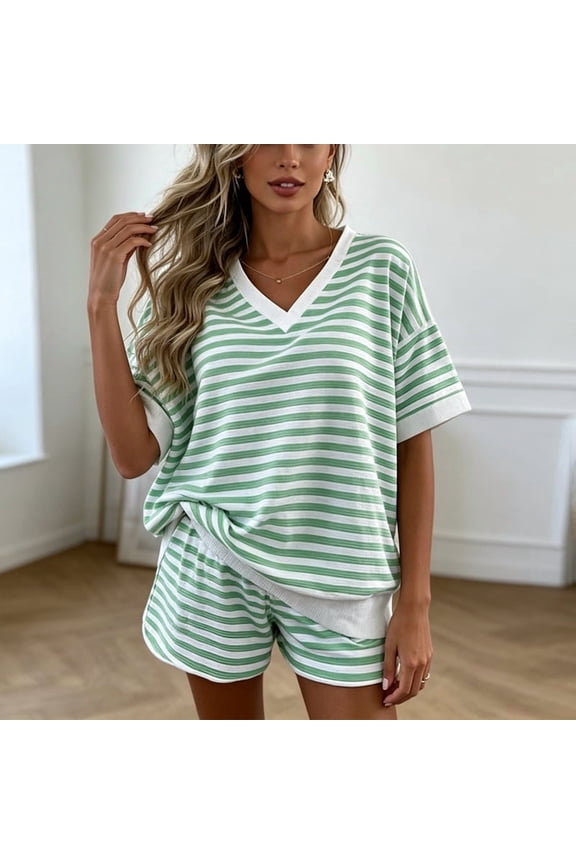 Women's Striped V Neck Short Sleeve Top & Side Pocket Shorts Set Horizontal Stripe Casual Summer Outfit Green,L