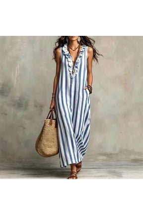 Women's Striped V-Neck Sleeveless Maxi Dress – Pocket, Ruffle Neckline, Casual Resort & Everyday Wear Blue,S