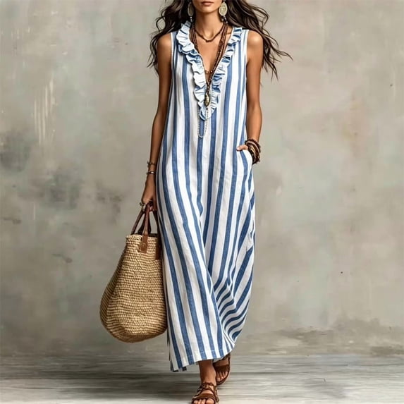 Morttic Women's Striped V-Neck Sleeveless Maxi Dress – Pocket, Ruffle Neckline, Casual Resort & Everyday Wear Blue,XL