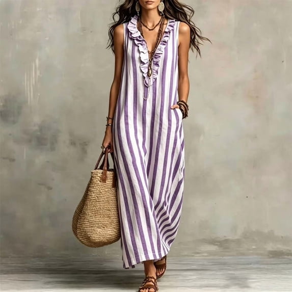 Morttic Women's Striped V-Neck Sleeveless Maxi Dress – Pocket, Ruffle Neckline, Casual Resort & Everyday Wear Purple,L