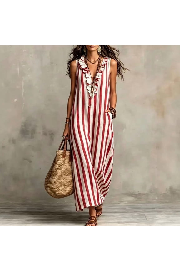 Women's Striped V-Neck Sleeveless Maxi Dress – Pocket, Ruffle Neckline, Casual Resort & Everyday Wear Red,M
