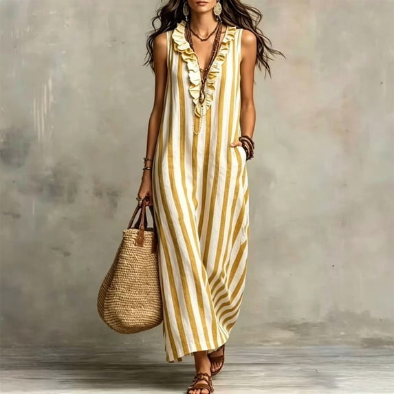 Morttic Women's Striped V-Neck Sleeveless Maxi Dress – Pocket, Ruffle Neckline, Casual Resort & Everyday Wear Yellow,XXL