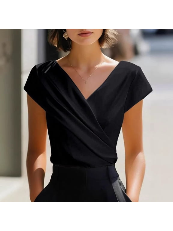 Women's Stylish Short Sleeve V-Neck Wrap T-Shirt – Minimalist Cross Front Solid Color Elegant Summer Blouse for Office Black,M