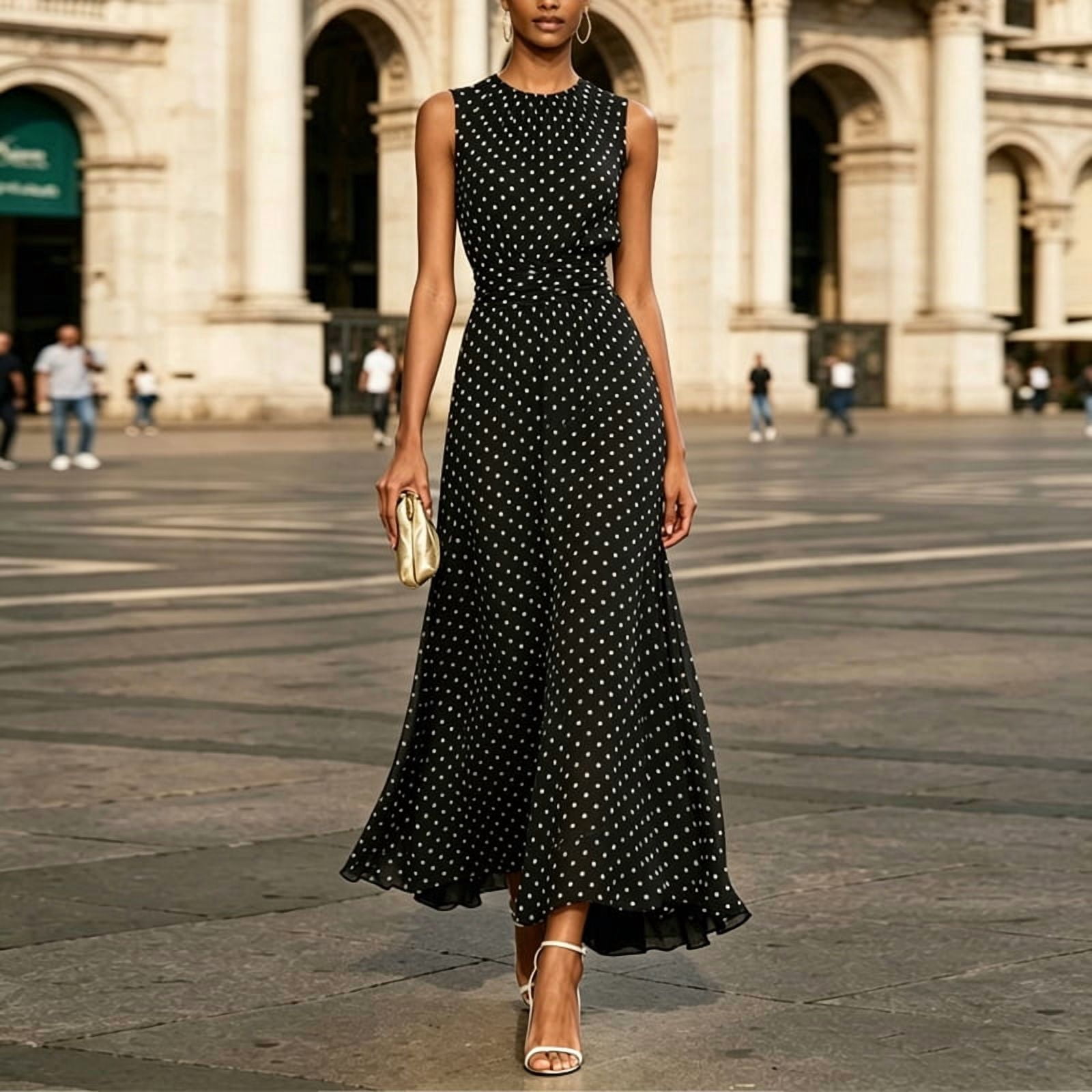Morttic Women's Stylish Sleeveless Crew Neck Polka Dot A-Line Slimming Long Dress Perfect for Parties, Dates & Gifts Black，S