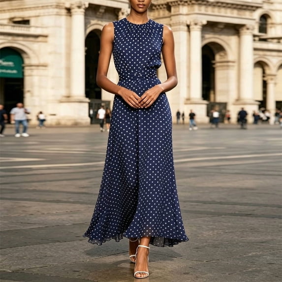 Morttic Women's Stylish Sleeveless Crew Neck Polka Dot A-Line Slimming Long Dress Perfect for Parties, Dates & Gifts Blue,M