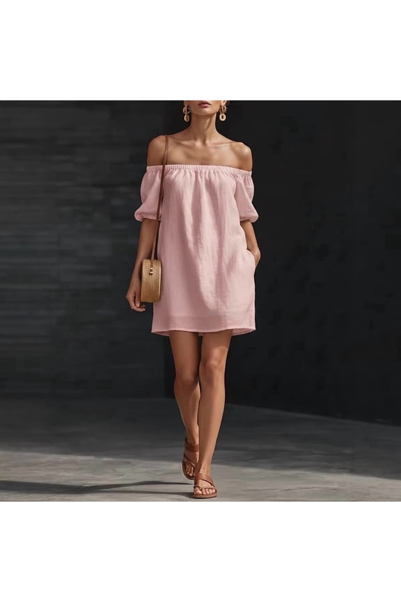 Women's Stylish Solid Color Off Shoulder Mini Dress – Elegant Side Pocket Summer Vacation & Everyday Outfit Pink，S
