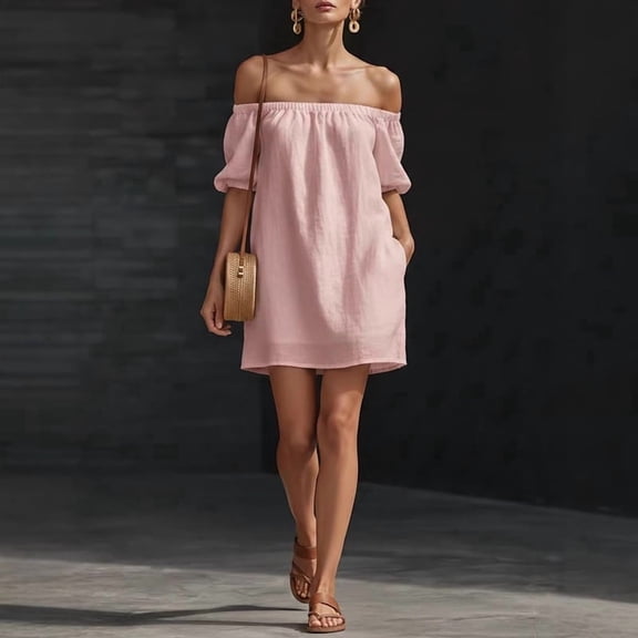 Morttic Women's Stylish Solid Color Off Shoulder Mini Dress – Elegant Side Pocket Summer Vacation & Everyday Outfit Pink,S