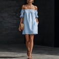 thumbnail image 1 of Morttic Women's Stylish Solid Color Off Shoulder Mini Dress – Elegant Side Pocket Summer Vacation & Everyday Outfit Sky Blue，M, 1 of 2