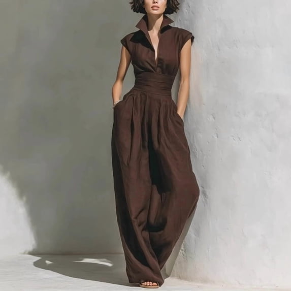 Morttic Women's Stylish Solid Color Slim Fit Stand Collar Cap Sleeve Jumpsuit – High-Waist Wide Leg with Side Pocket Coffee，XS