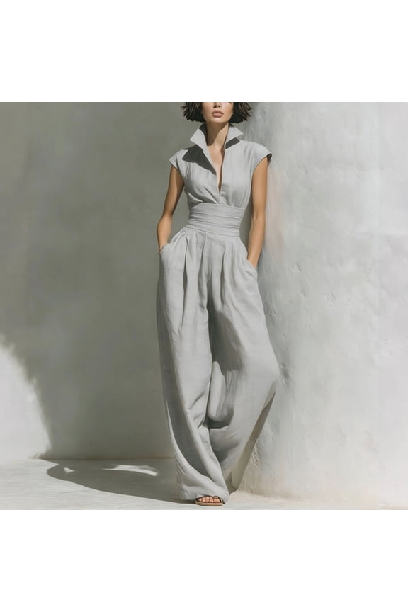 Women's Stylish Solid Color Slim Fit Stand Collar Cap Sleeve Jumpsuit – High-Waist Wide Leg with Side Pocket Light Gray，XS