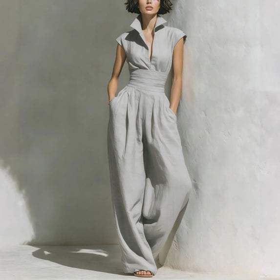 Morttic Women's Stylish Solid Color Slim Fit Stand Collar Cap Sleeve Jumpsuit – High-Waist Wide Leg with Side Pocket Light Gray,XS