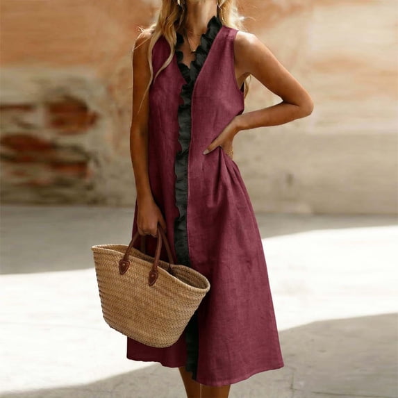 Morttic Women's Summer Casual A-Line Sleeveless Contrast Ruffle V-Neck Midi Dress Flowy & Fashionable Summer Outfit Wine Red,S