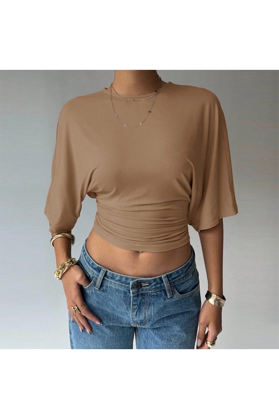 Women's Summer Casual Batwing Sleeve Crop Top with Ruched Hem – Solid Color Waist-Cinching Blouse Khaki,L