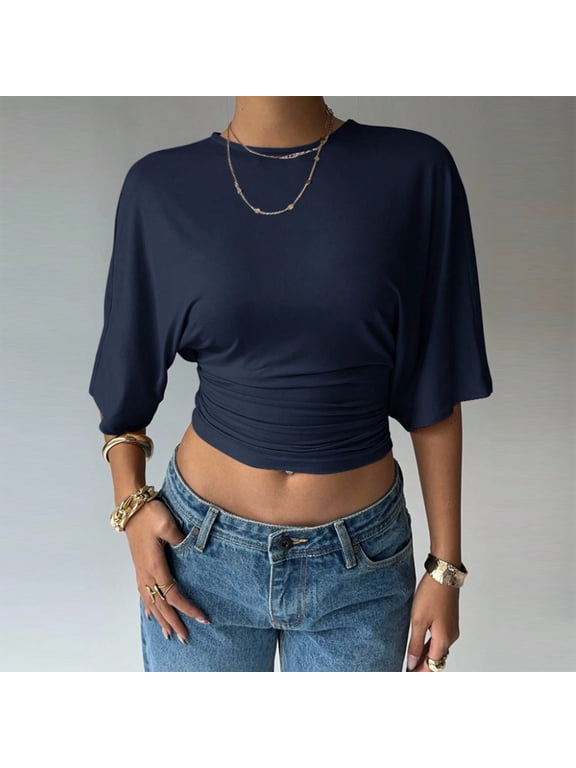 Women's Summer Casual Batwing Sleeve Crop Top with Ruched Hem – Solid Color Waist-Cinching Blouse Navy Blue,XL