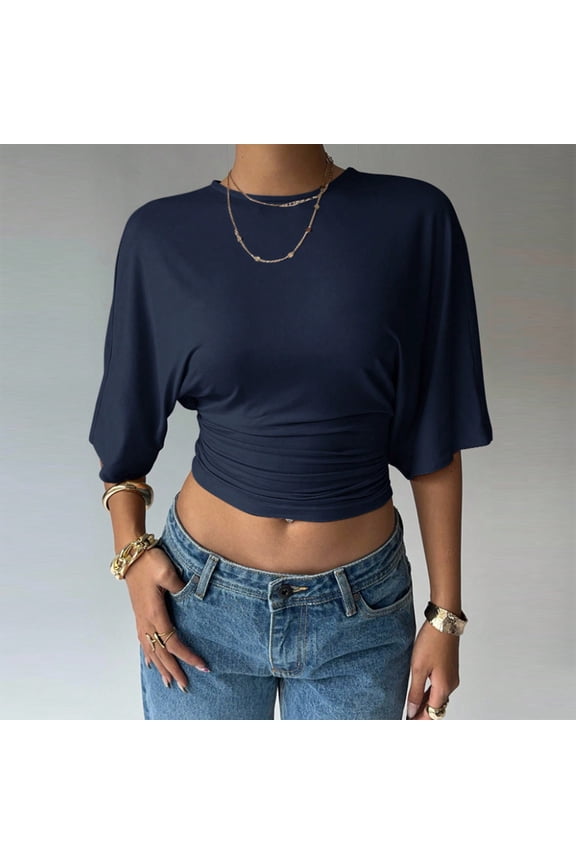 Women's Summer Casual Batwing Sleeve Crop Top with Ruched Hem – Solid Color Waist-Cinching Blouse Navy Blue,XL