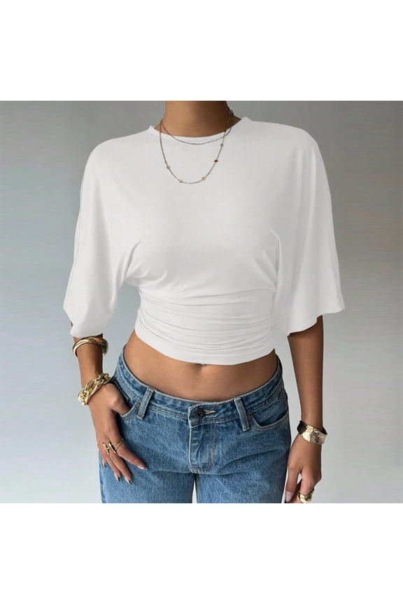 Women's Summer Casual Batwing Sleeve Crop Top with Ruched Hem – Solid Color Waist-Cinching Blouse White,L
