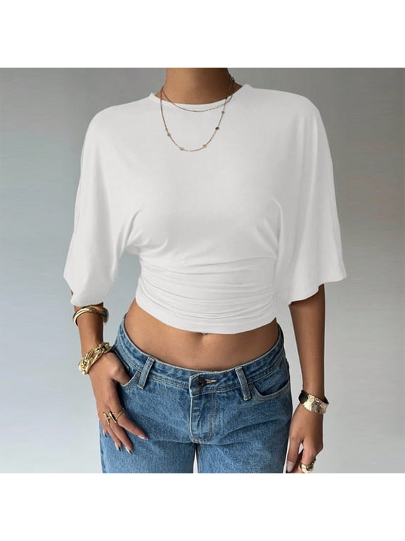 Women's Summer Casual Batwing Sleeve Crop Top with Ruched Hem – Solid Color Waist-Cinching Blouse White,S
