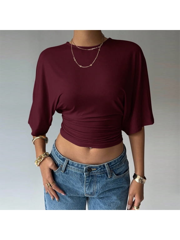 Women's Summer Casual Batwing Sleeve Crop Top with Ruched Hem – Solid Color Waist-Cinching Blouse Wine Red,S