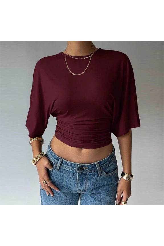 Women's Summer Casual Batwing Sleeve Crop Top with Ruched Hem – Solid Color Waist-Cinching Blouse Wine Red,S