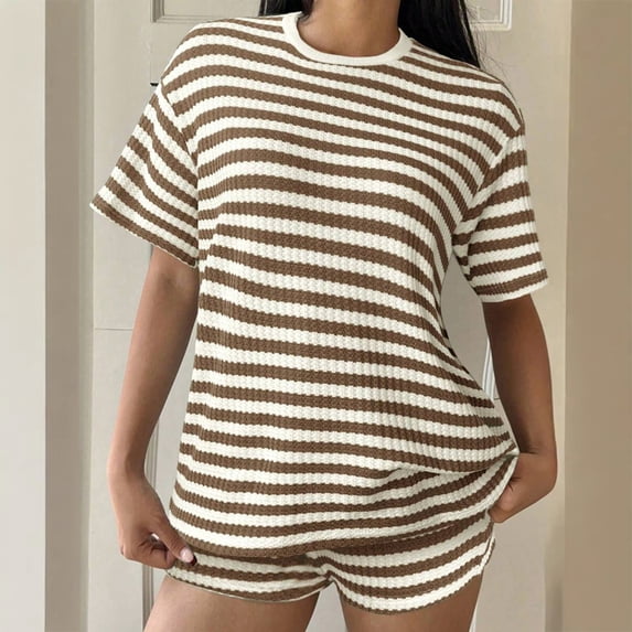 Morttic Women's Summer Casual Waffle Knit Stripe 2 Piece Set – Crew Neck Short Sleeve Top & High Waist Shorts Lounge Outfit Brown,XXL