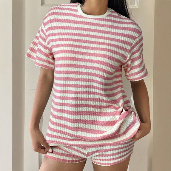 Morttic Women's Summer Casual Waffle Knit Stripe 2 Piece Set – Crew Neck Short Sleeve Top & High Waist Shorts Lounge Outfit Pink,XL