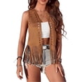 thumbnail image 1 of Morttic Women's Summer Solid Color Tassel Hem Sleeveless Vest – Casual Buttonless Jacket with Hollow-Out Design Brown，S, 1 of 3