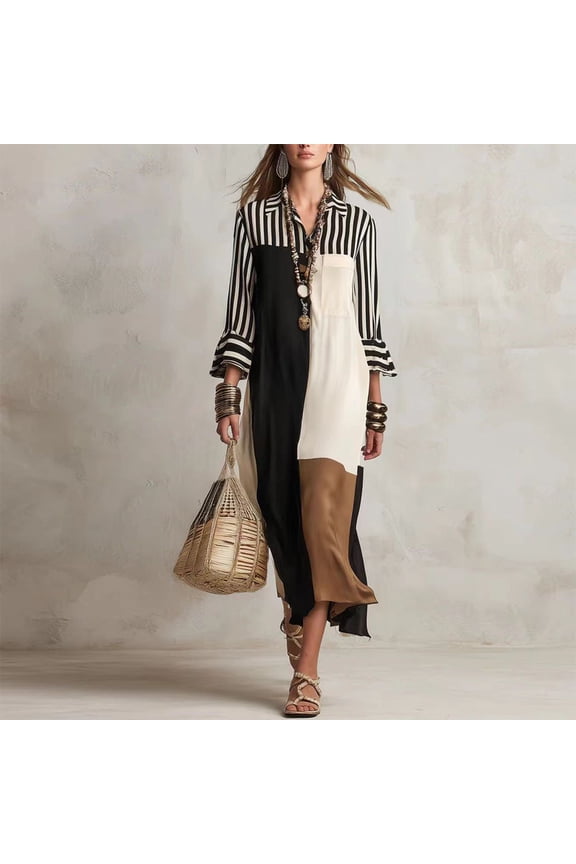 Women's Summer Striped Shirt Dress – Long Sleeve Spliced Lapel Midi Dress Casual Office & Daily Wear with Chest Pocket Black，S