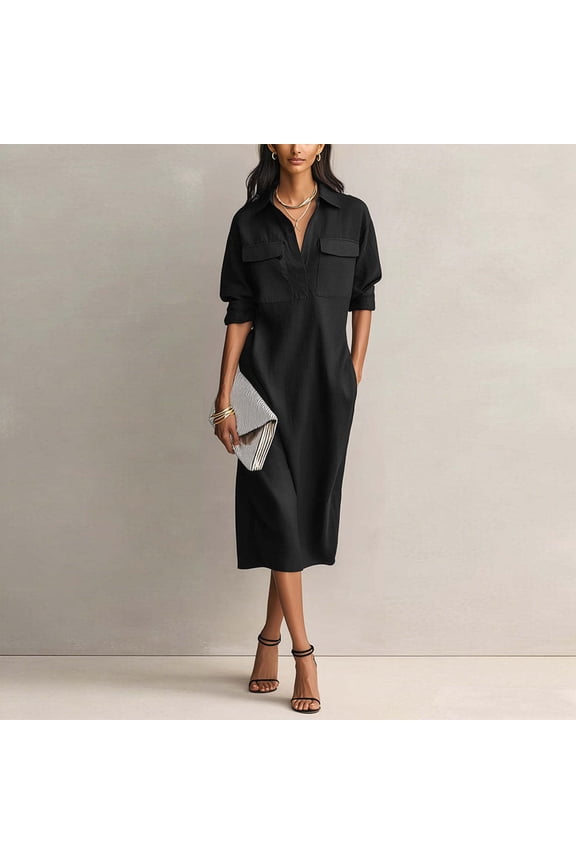 Women's V-Neck 3/4 Roll Tab Sleeve Shirt Dress – Loose Shift with Chest & Side Pockets Solid Color Office Midi Dress Black,XXL