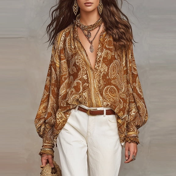 Morttic Women's V-Neck Lantern Sleeve Boho Print Chiffon Blouse Vintage Ethnic Style Flowy Casual Vacation Shirt Brown,L