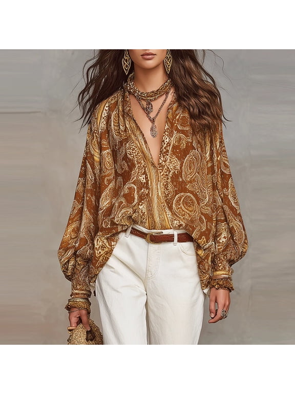 Women's V-Neck Lantern Sleeve Boho Print Chiffon Blouse Vintage Ethnic Style Flowy Casual Vacation Shirt Brown,L