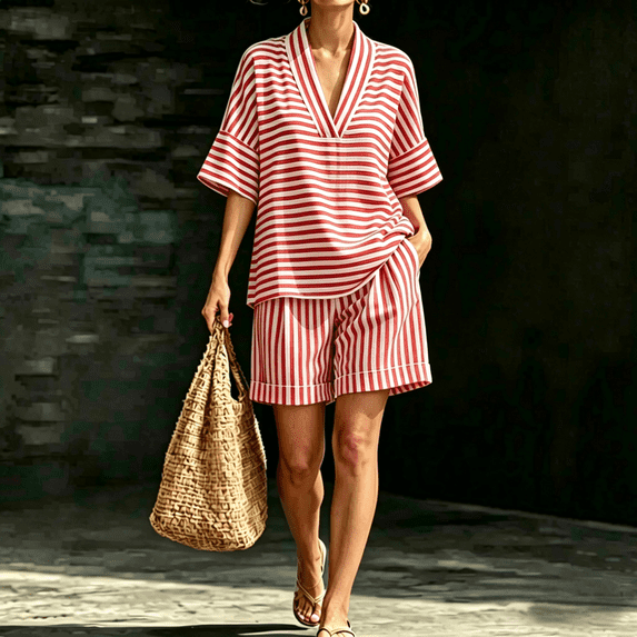 Morttic Women's V-Neck Short Sleeve Top & Wide Leg Shorts Striped 2 Piece Set – Fashionable Summer Outfit for Daily & Vacation Red,S