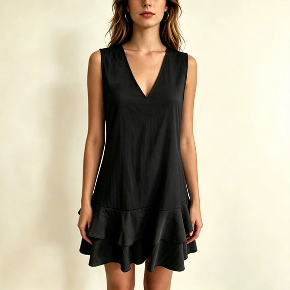 Morttic Women's V-Neck Sleeveless Mini Dress – Double-Layer Ruffle Hem A-Line Solid Color Casual Summer Vacation Outfit Black,S