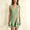 thumbnail image 1 of Morttic Women's V-Neck Sleeveless Mini Dress – Double-Layer Ruffle Hem A-Line Solid Color Casual Summer Vacation Outfit Light Green，M, 1 of 3