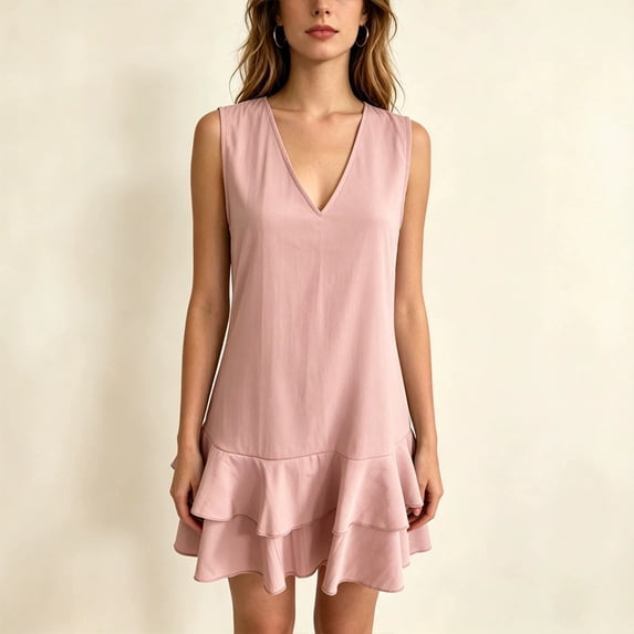Morttic Women's V-Neck Sleeveless Mini Dress – Double-Layer Ruffle Hem A-Line Solid Color Casual Summer Vacation Outfit Pink,XL