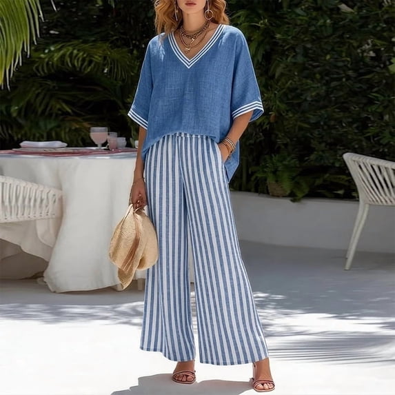 Morttic Women's V-Neck Top and Striped Wide Leg Pants Set – Relaxed Fit 2 Piece Casual Suit, Spring Summer Wear Blue,M