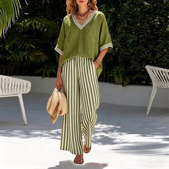 Morttic Women's V-Neck Top and Striped Wide Leg Pants Set – Relaxed Fit 2 Piece Casual Suit, Spring Summer Wear Green,M
