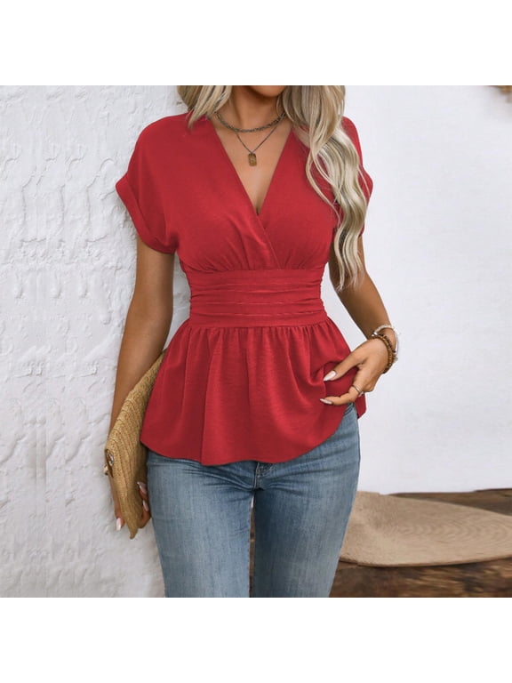 Women's V Neck Wrap Front Peplum Top – Ruched Waist, Raglan Short Sleeve, Solid Color Pleated Blouse Red,L