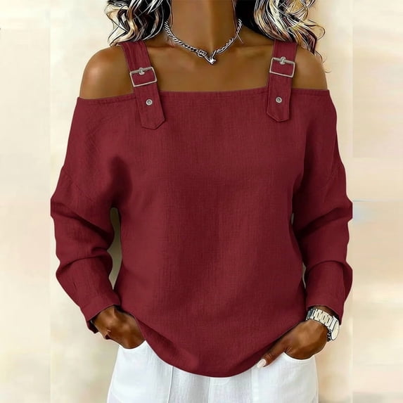 Morttic Women’s Vacation Style Off-Shoulder Shirt – Metal Buckle Strap Dropped Shoulder Long Sleeve Top Casual Outfits Wine Red,XXL