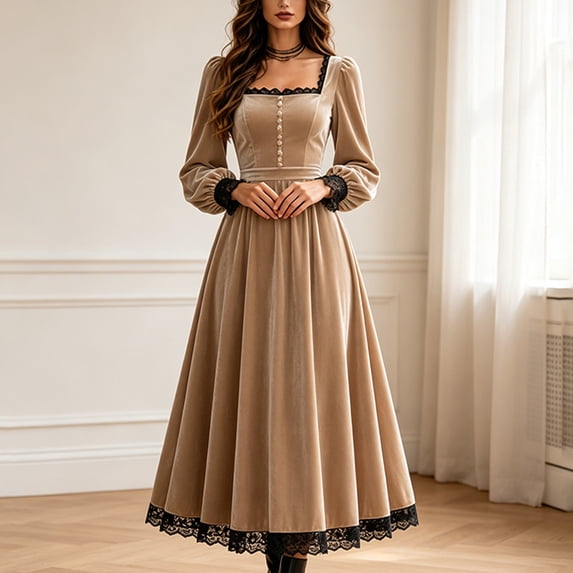 Morttic Women's Velvet Square Neck Puff Long Sleeve Lace Trim A-Line Midi Dress Fall Winter Wedding Guest & Holiday Outfit Khaki,S