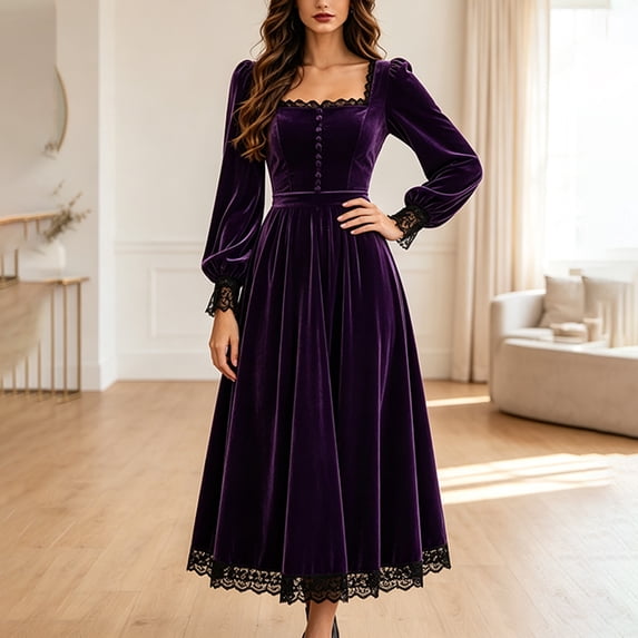 Morttic Women's Velvet Square Neck Puff Long Sleeve Lace Trim A-Line Midi Dress Fall Winter Wedding Guest & Holiday Outfit Purple,XXL