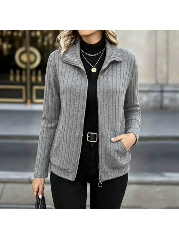 Women's Vertical Ribbed Knit Zip Up Jacket – Lapel Long Sleeve Slim Fit Casual Cardigan Coat with Side Pockets Gray,M