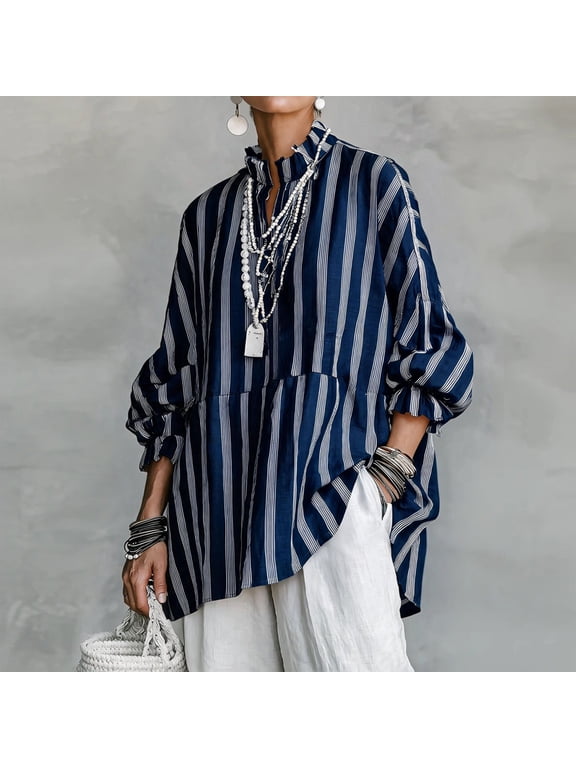 Women's Vertical Stripe Long Sleeve Stand Collar Drop Shoulder Blouse – Spliced Design Casual Office & Daily Top Navy Blue,XL
