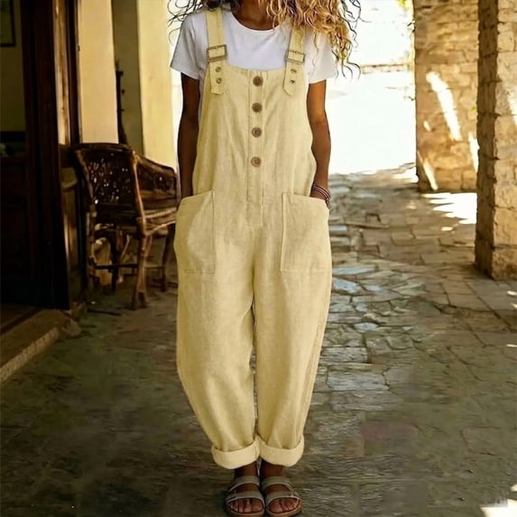 Morttic Women's Vintage Button Front Bib Pants – Straight Leg, Side Pockets, Solid Color Summer Overalls Light Yellow,XXXL