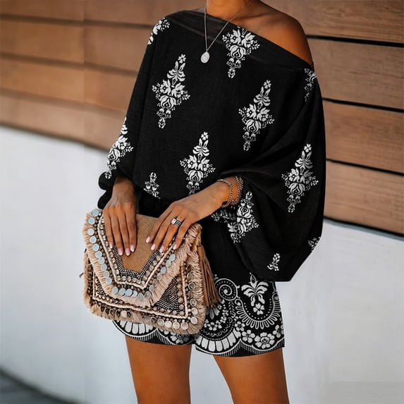 Morttic Women's Vintage Print 2 Piece Set – Off-Shoulder Batwing Sleeve Top & High Waist Shorts Boho Summer Vacation Outfit Black,XXL