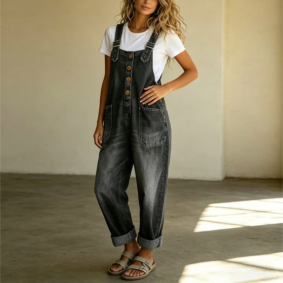 Morttic Women's Vintage Washed Denim Overalls – Casual Loose Wide Leg Jumpsuit with Pockets & Adjustable Straps Button Romper Black,L
