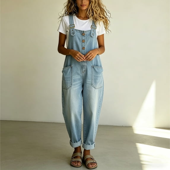 Morttic Women's Vintage Washed Denim Overalls – Casual Loose Wide Leg Jumpsuit with Pockets & Adjustable Straps Button Romper Light Blue，XXL